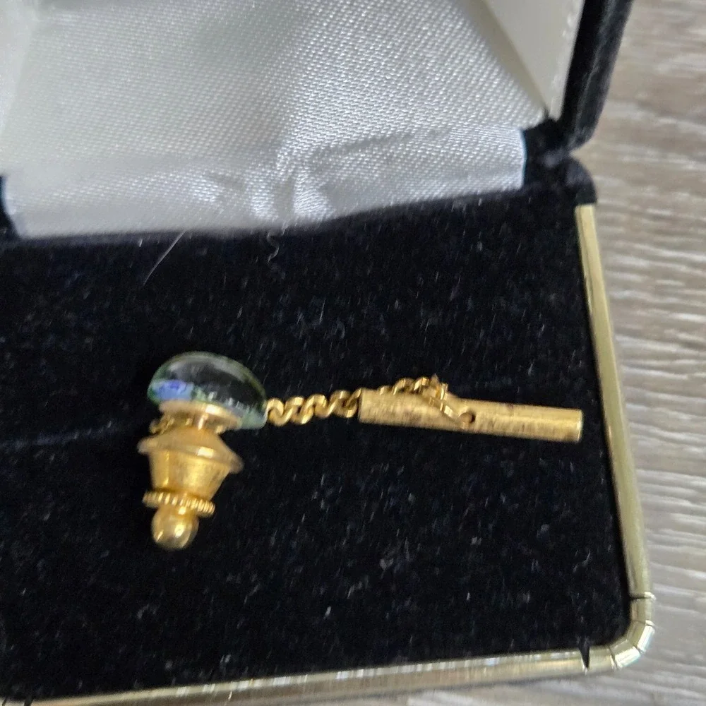Vintage Millefiori Glass Mosaic Tie Tack Gold Tone Guard Chain Pin